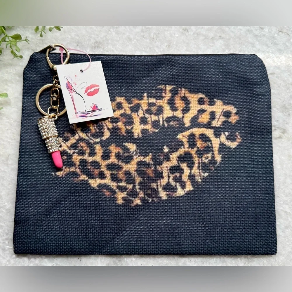 New Leopard Print Lips Makeup Tech Pencil Zip Bag Pouch w/ Lipstick Charm - 8.5”